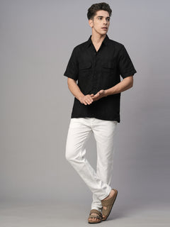 Men’s Linen Regular Fit Utility Pocket Shirt Black