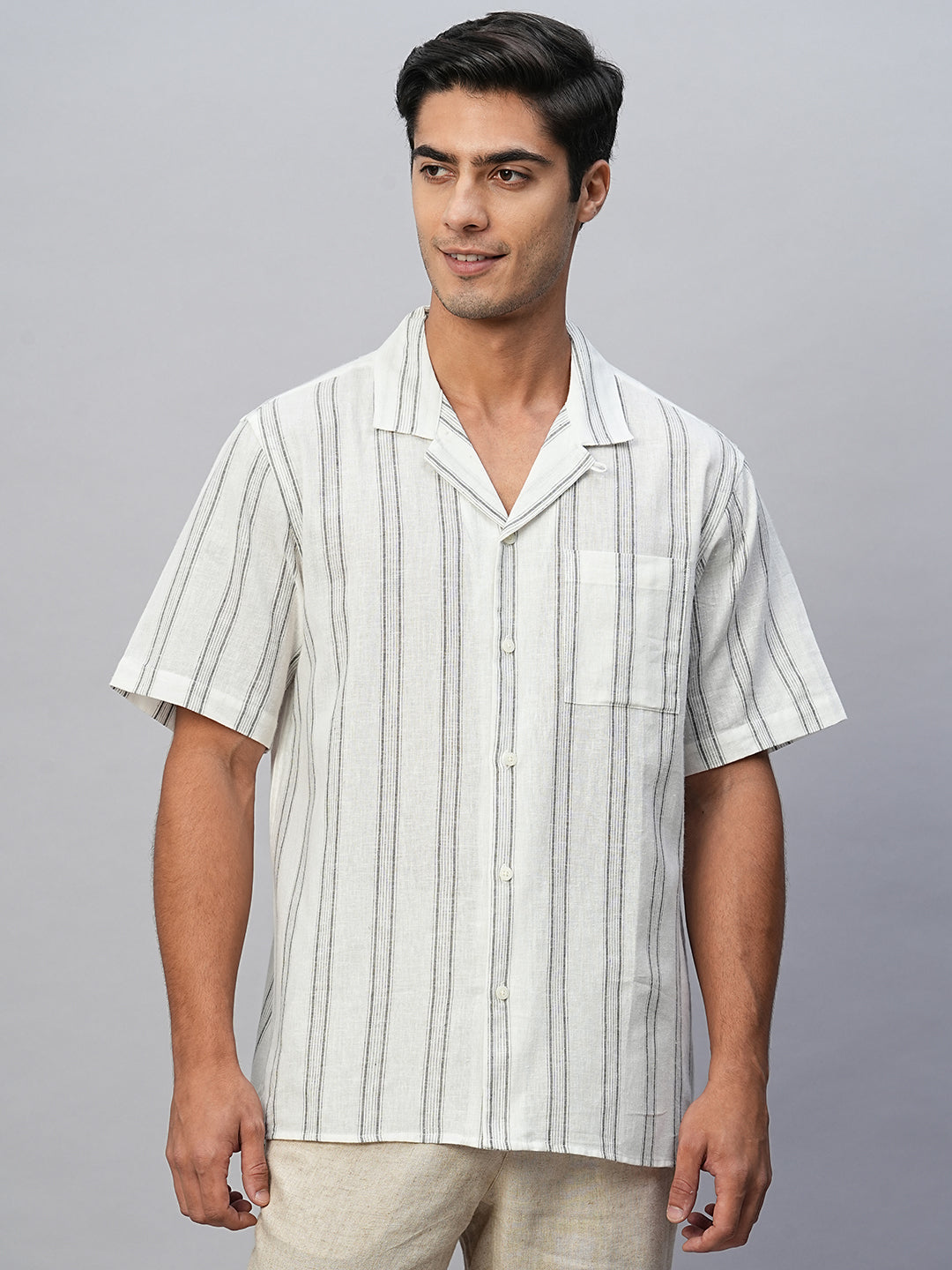 Men's White Linen Cotton Regular Fit Striped Shirt