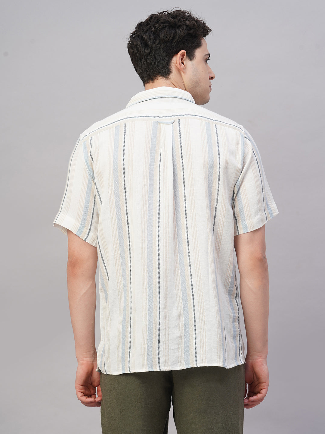 Men's White/Sky Cotton Flax Regular Fit Shirt