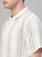 Men's White/Sky Cotton Flax Regular Fit Shirt