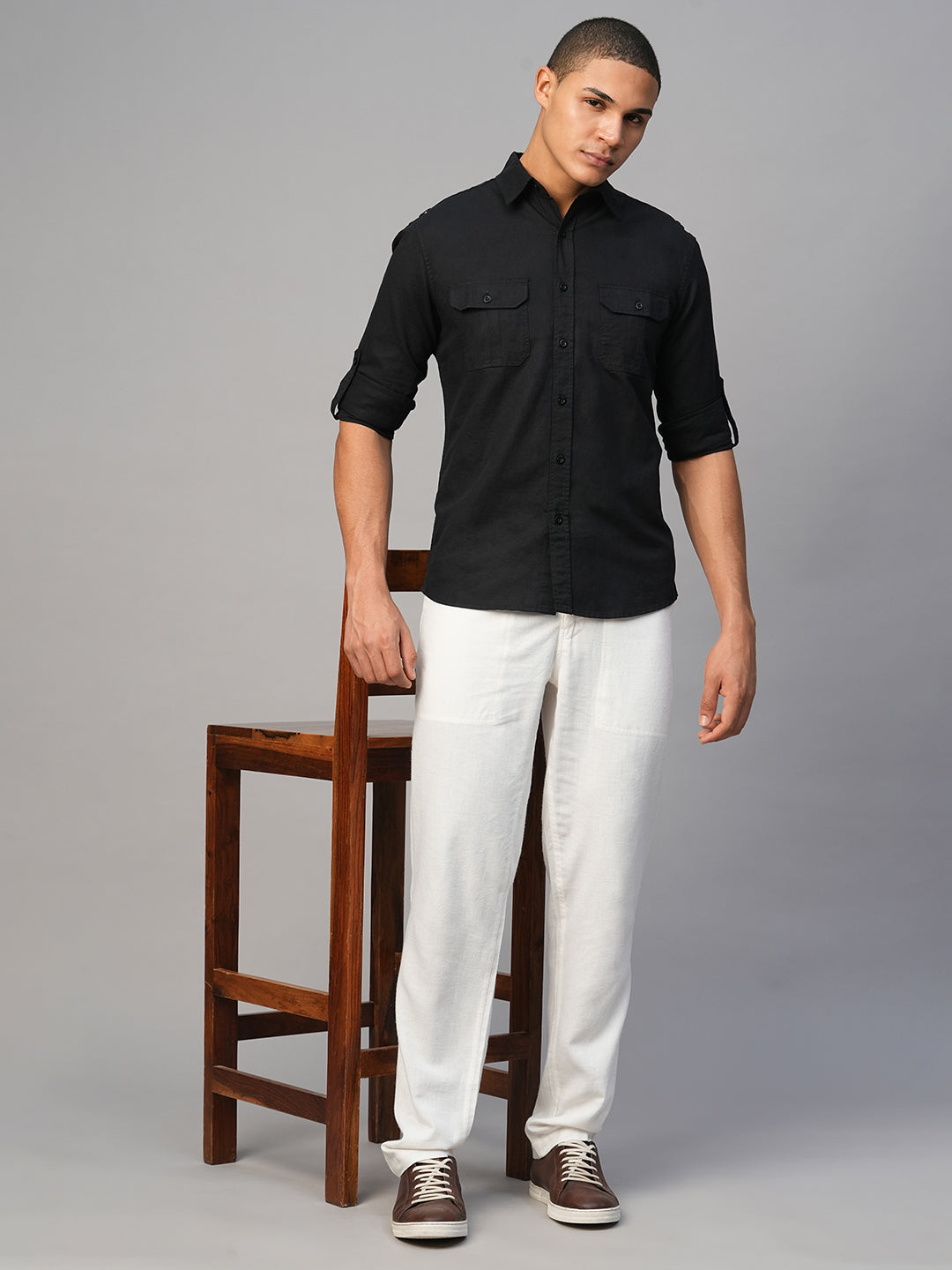 Men's Black Cotton Linen Regular Fit Shirt