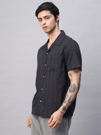 Men's Navy 100% Cotton Stripe Regular Fit Cuban Collar Shirt