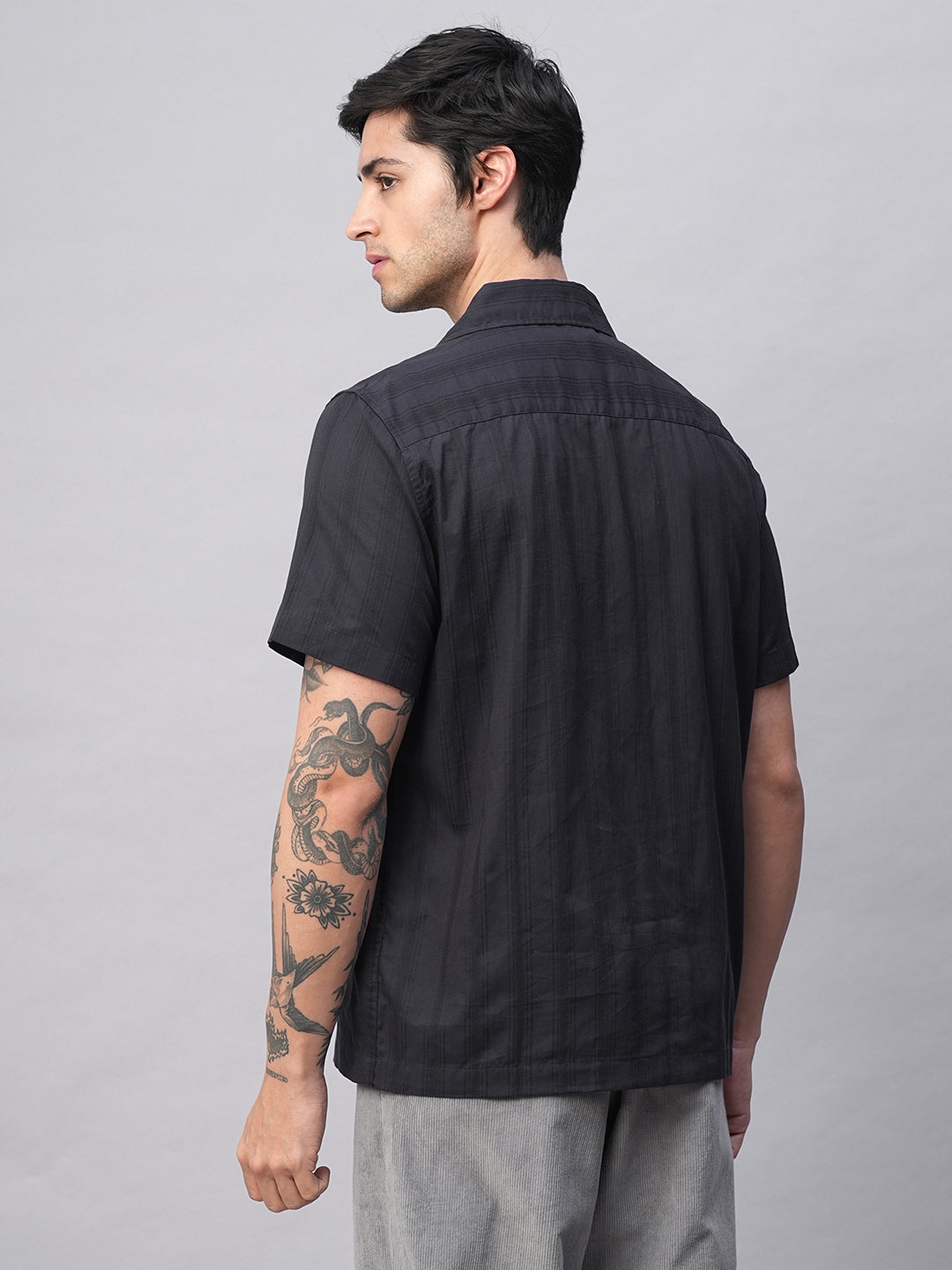 Men's Navy 100% Cotton Stripe Regular Fit Cuban Collar Shirt