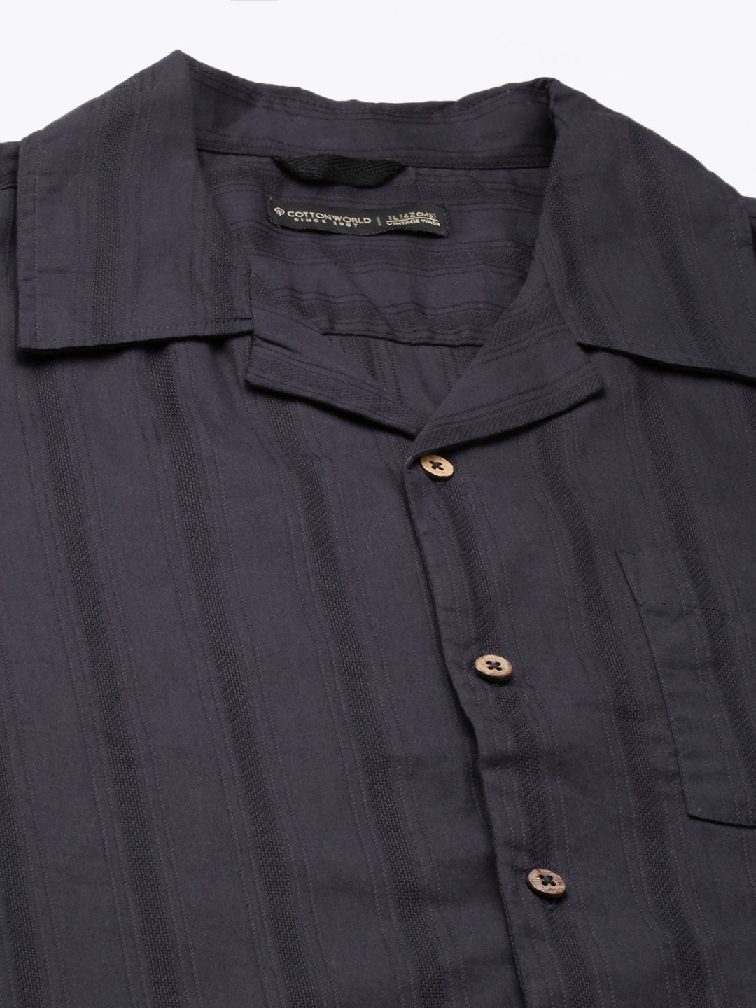 Men's Navy 100% Cotton Stripe Regular Fit Cuban Collar Shirt