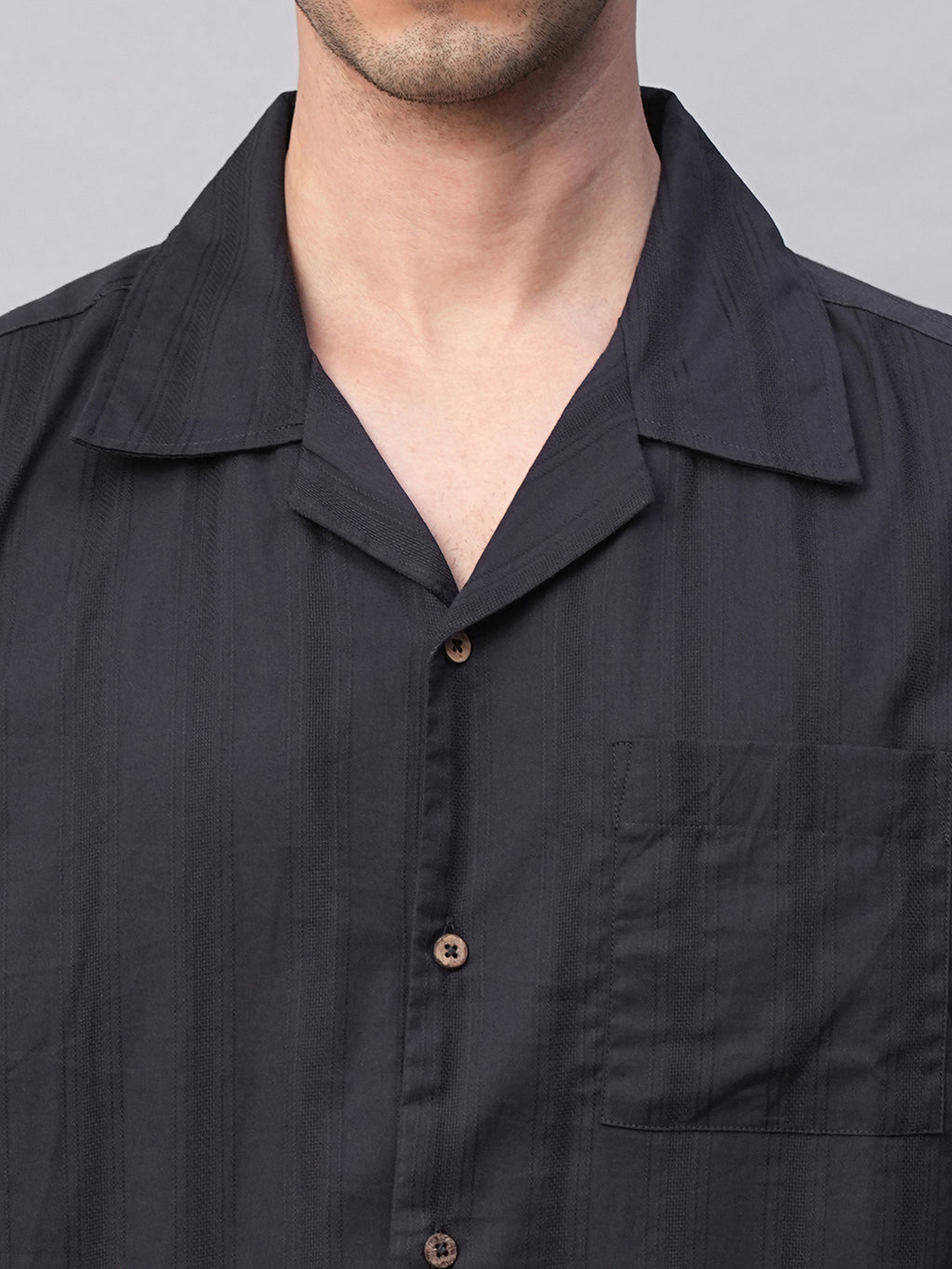 Men's Navy 100% Cotton Stripe Regular Fit Cuban Collar Shirt