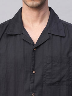 Men's 100% Cotton Stripe Regular Fit Cuban Collar Shirt Navy