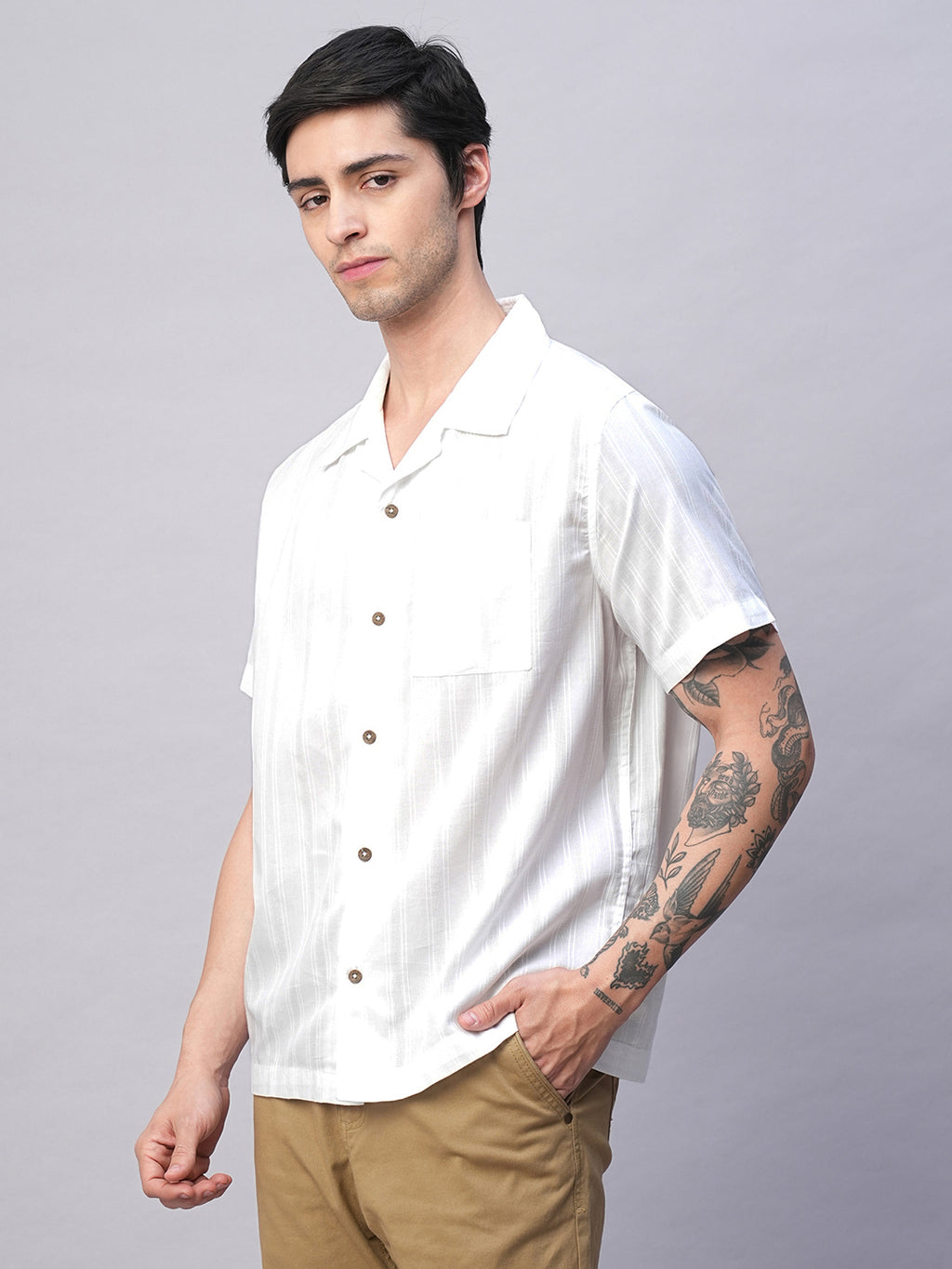 Men's White 100% Cotton Stripe Regular Fit Cuban Collar  Shirt