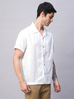 Men's 100% Cotton Stripe Regular Fit Cuban Collar Shirt White