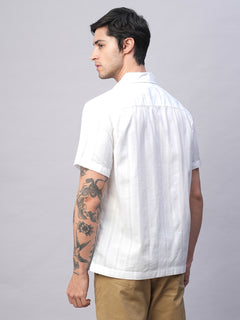 Men's 100% Cotton Stripe Regular Fit Cuban Collar Shirt White