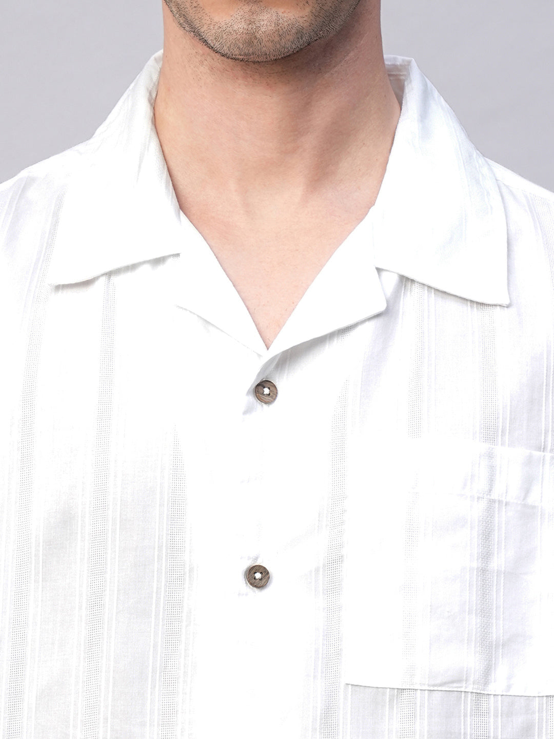 Men's White 100% Cotton Stripe Regular Fit Cuban Collar  Shirt