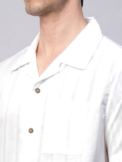 Men's 100% Cotton Stripe Regular Fit Cuban Collar Shirt White