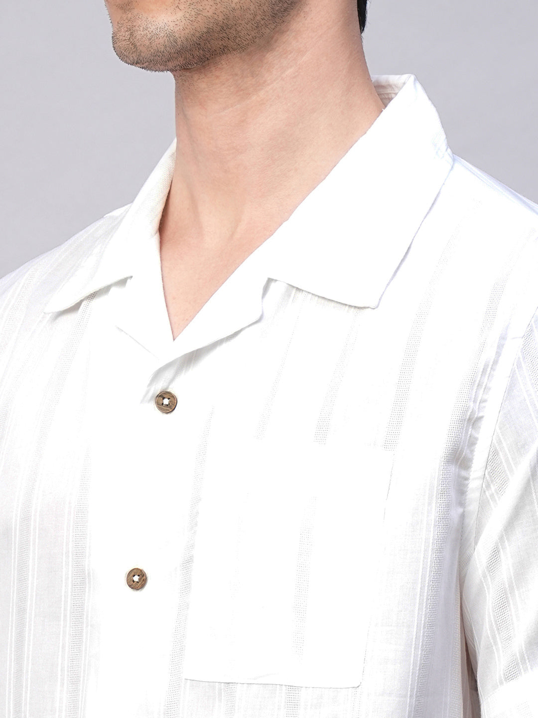 Men's White 100% Cotton Stripe Regular Fit Cuban Collar  Shirt