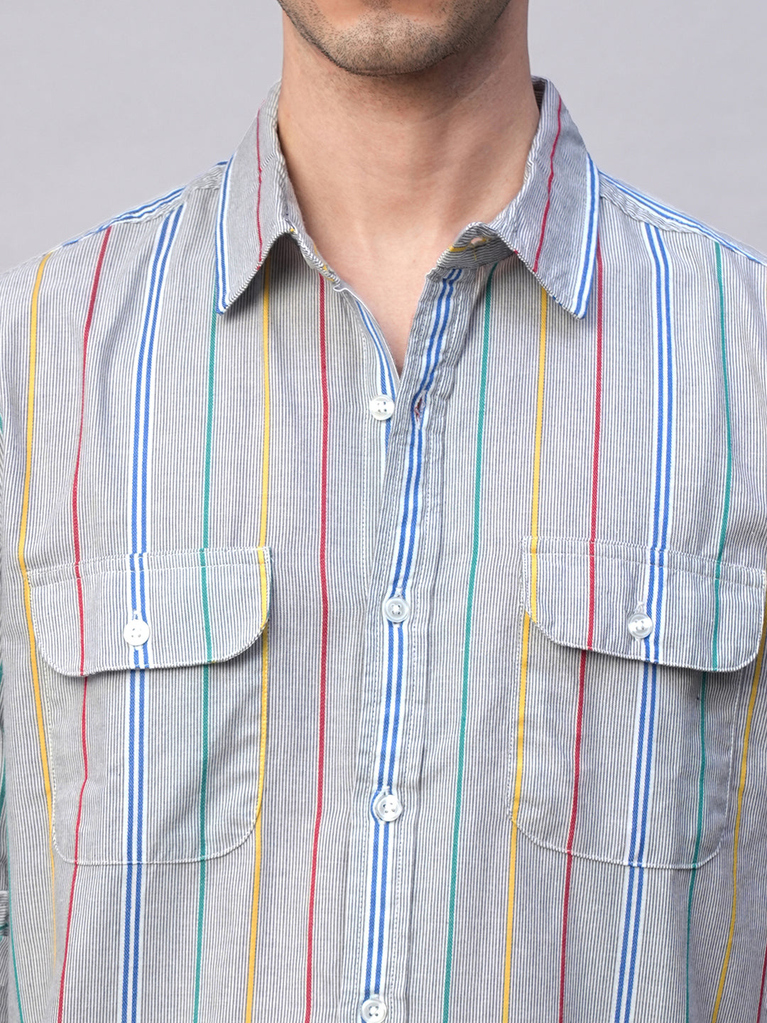 Men's Blue 100% Cotton Regular Fit 2 Pocket  Stripe Summer Shirt