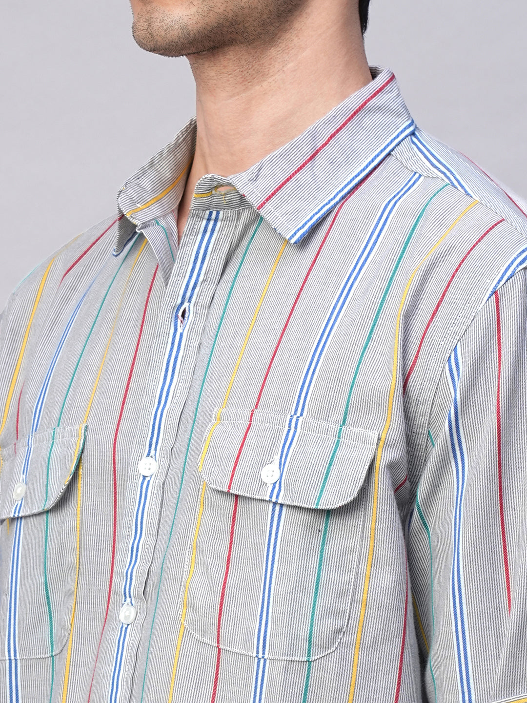 Men's Blue 100% Cotton Regular Fit 2 Pocket  Stripe Summer Shirt