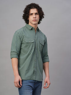 Men’s Cotton Lycra Regular Fit Striped Shirt Green