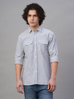 Men’s Cotton Lycra Regular Fit Striped Shirt Navy