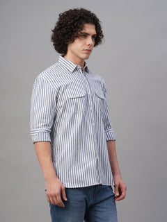 Men’s Cotton Lycra Regular Fit Striped Shirt Navy