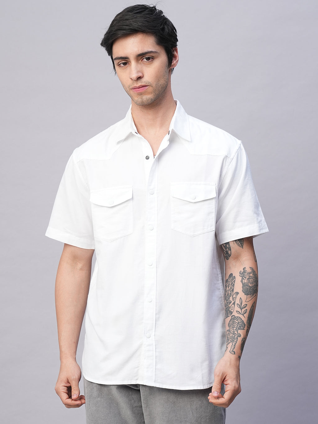 Men's White 100% Cotton Regular Fit 2 Pocket Western Yoke Shirt