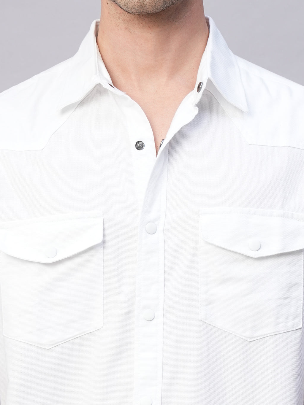 Men's White 100% Cotton Regular Fit 2 Pocket Western Yoke Shirt