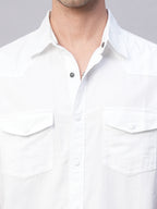 Men's White 100% Cotton Regular Fit 2 Pocket Western Yoke Shirt