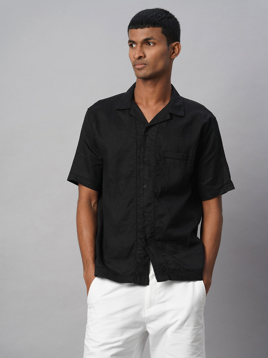 Men's Black 100% Linen Regular Fit Shirt