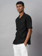 Men's 100% Linen Regular Fit Resort Collar Shirt Black