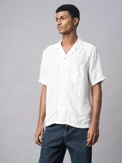 Men’s Linen Regular Fit Textured Pocket Shirt White