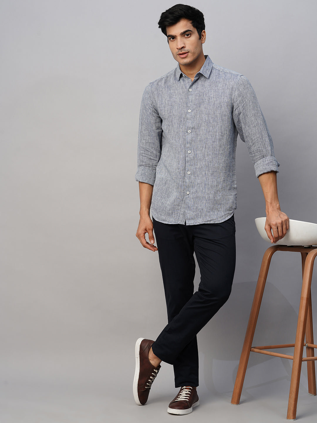 Men's Navy 100% Linen Slim Fit Long Sleeved Shirt