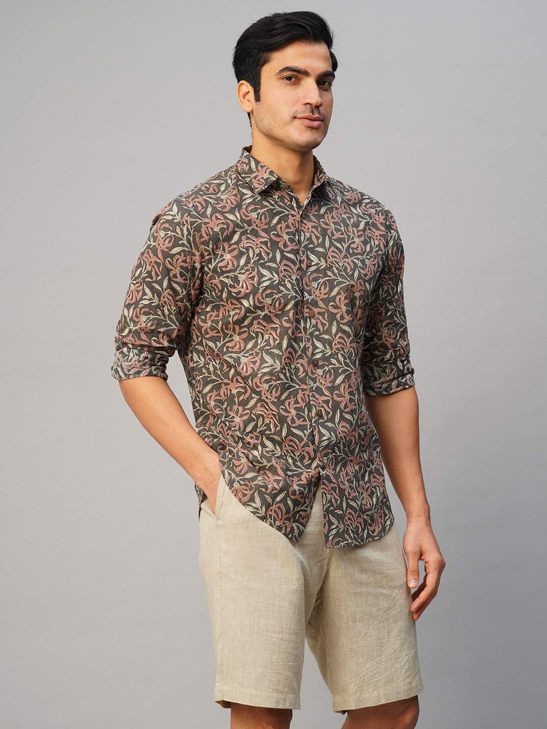 Men's Cotton Hand Block Printed Slim Fit Grey Shirt
