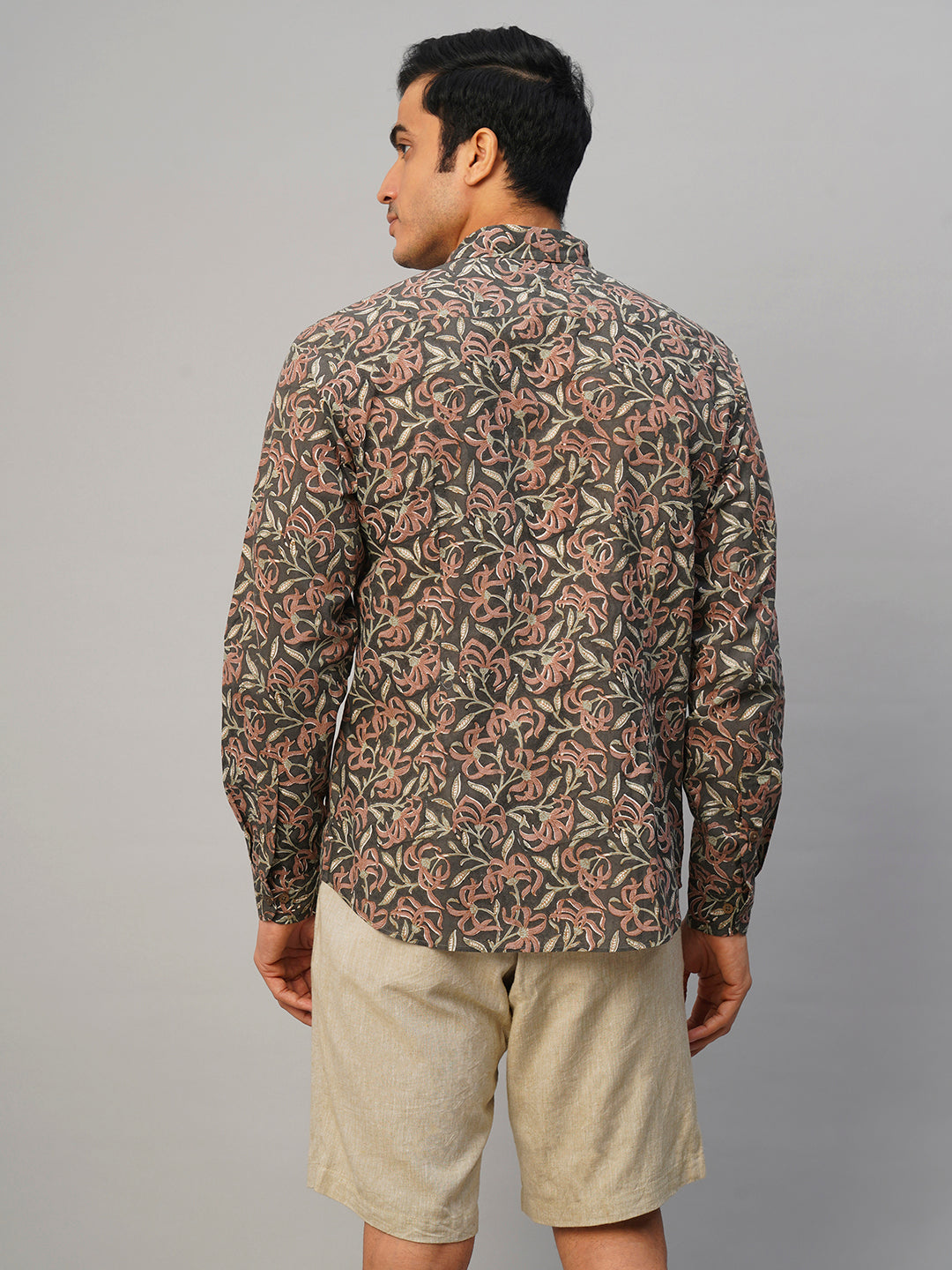 Men's Cotton Hand Block Printed Slim Fit Grey Shirt