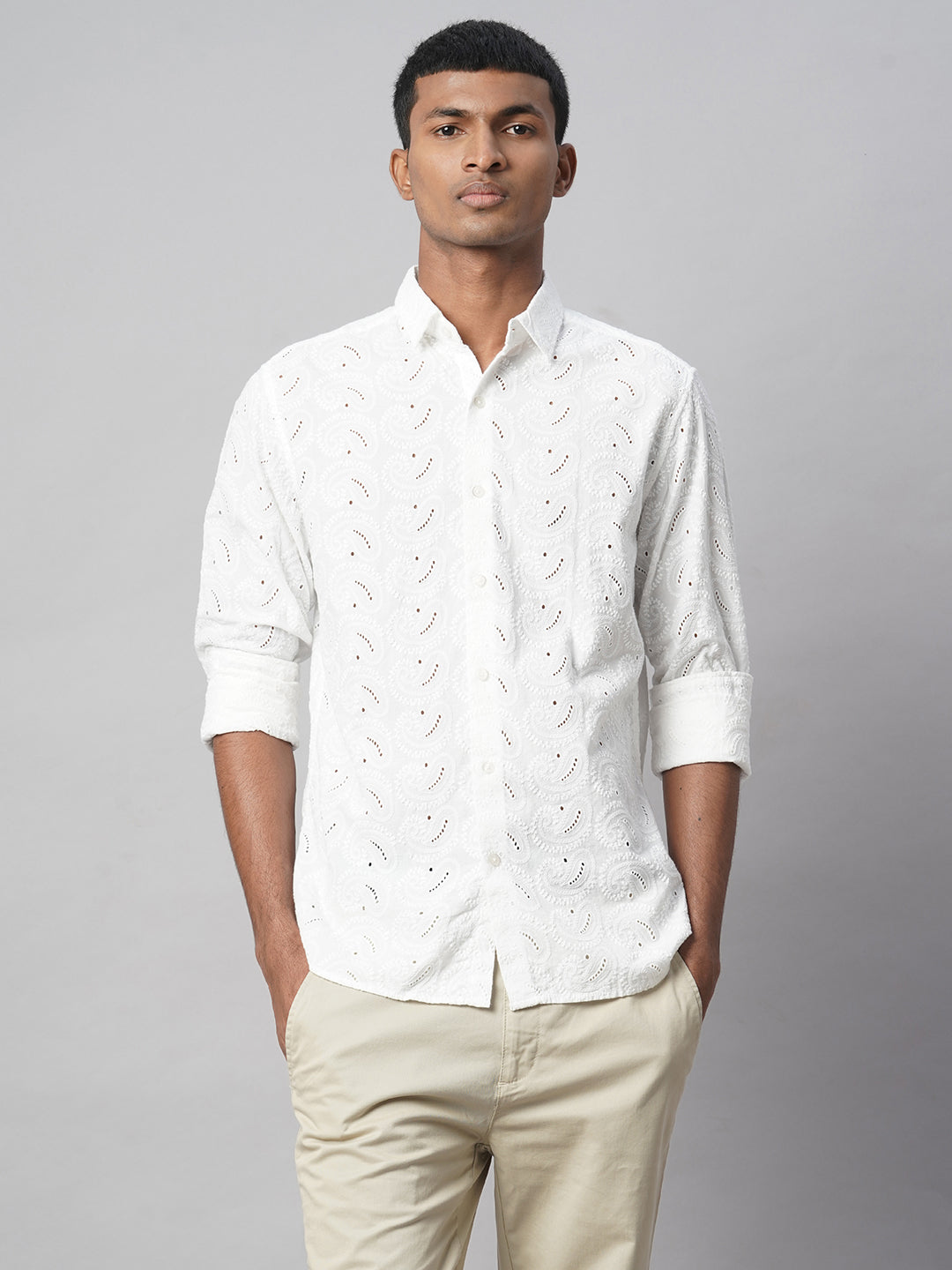 Men's White 100% Cotton Slim Fit Embroidered Shirt