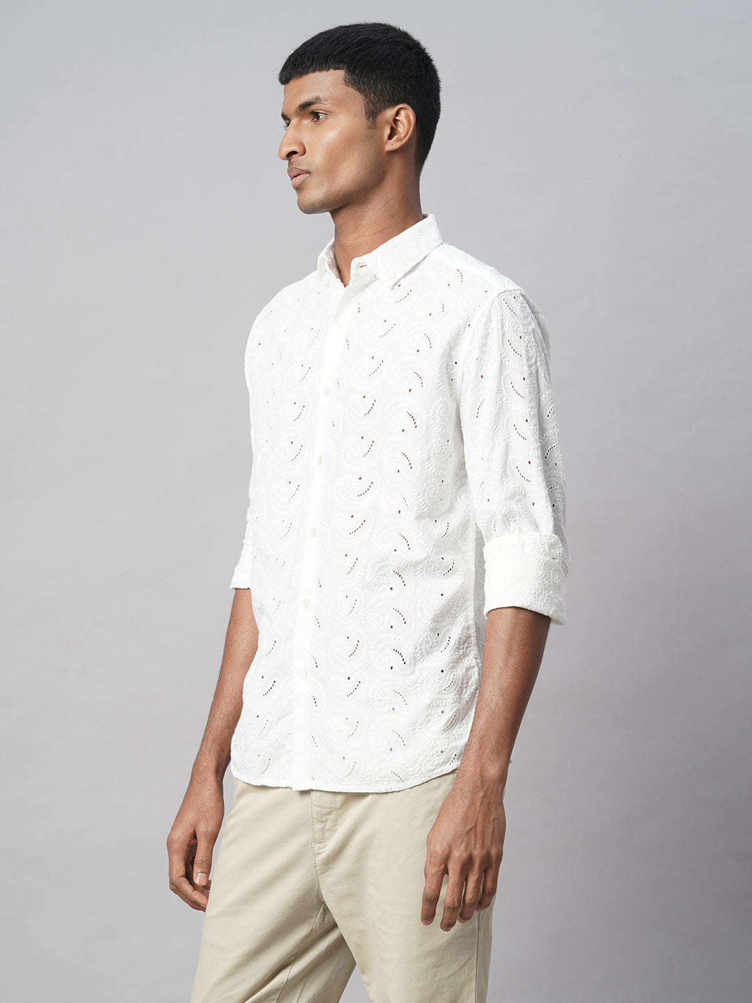 Men's White 100% Cotton Slim Fit Embroidered Shirt