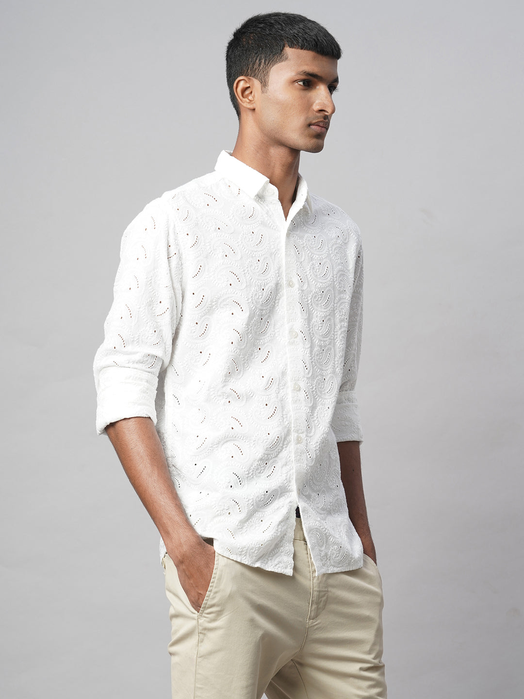Men's White 100% Cotton Slim Fit Embroidered Shirt