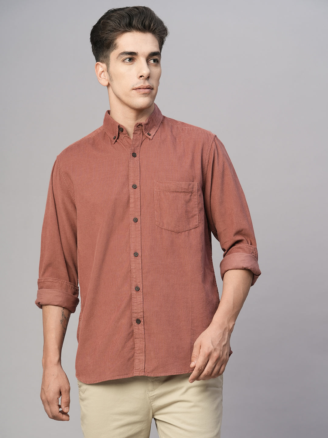 Men's Corduroy 100% Cotton Brick Regular Fit Long Sleeved Shirt