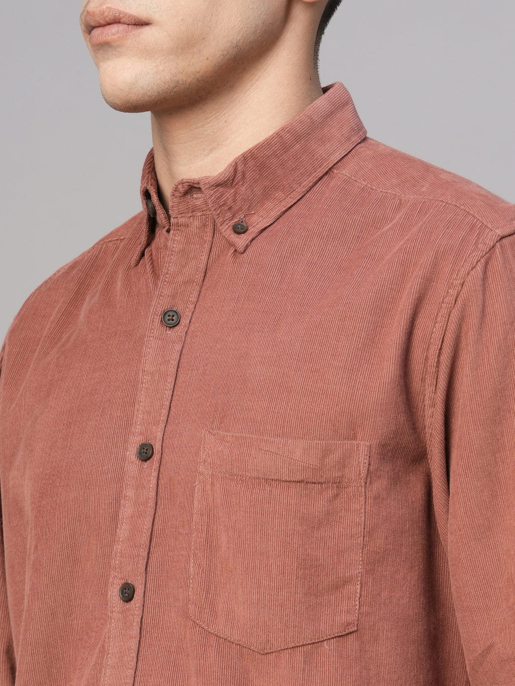 Men's 100% Cotton Corduroy Regular Fit Long Sleeved Shirt Brick