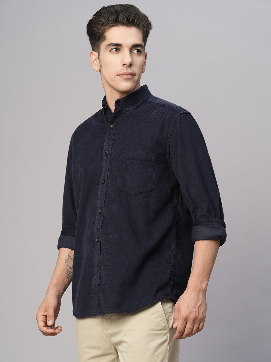 Men's Corduroy 100% Cotton Navy Regular Fit Long Sleeved Shirt