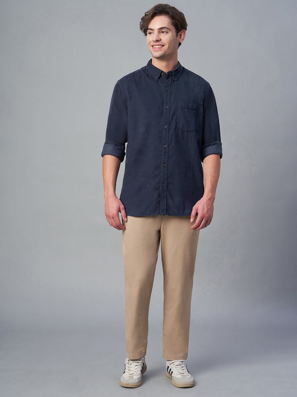 Men's Corduroy 100% Cotton Navy Regular Fit Long Sleeved Shirt