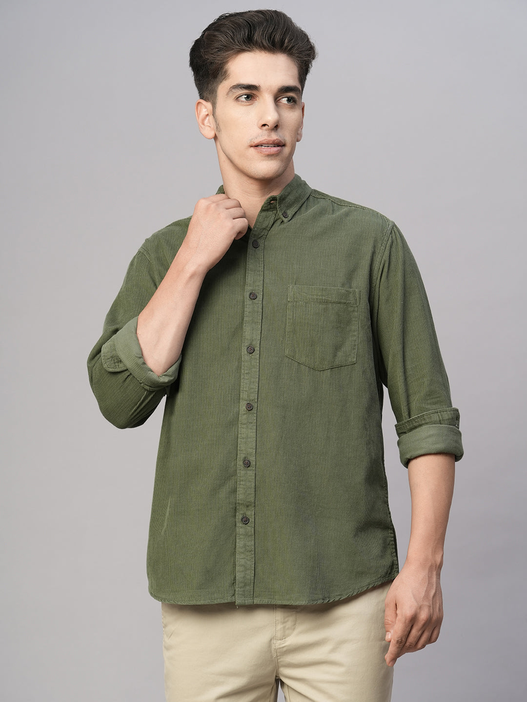 Men's Corduroy 100% Cotton Olive Regular Fit Long Sleeved Shirt