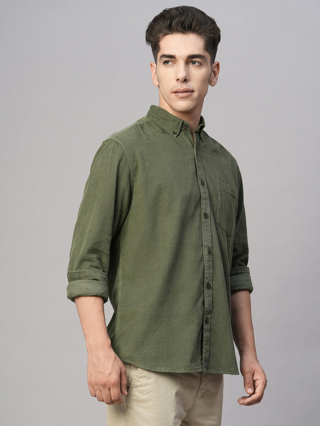 Men's Corduroy 100% Cotton Olive Regular Fit Long Sleeved Shirt