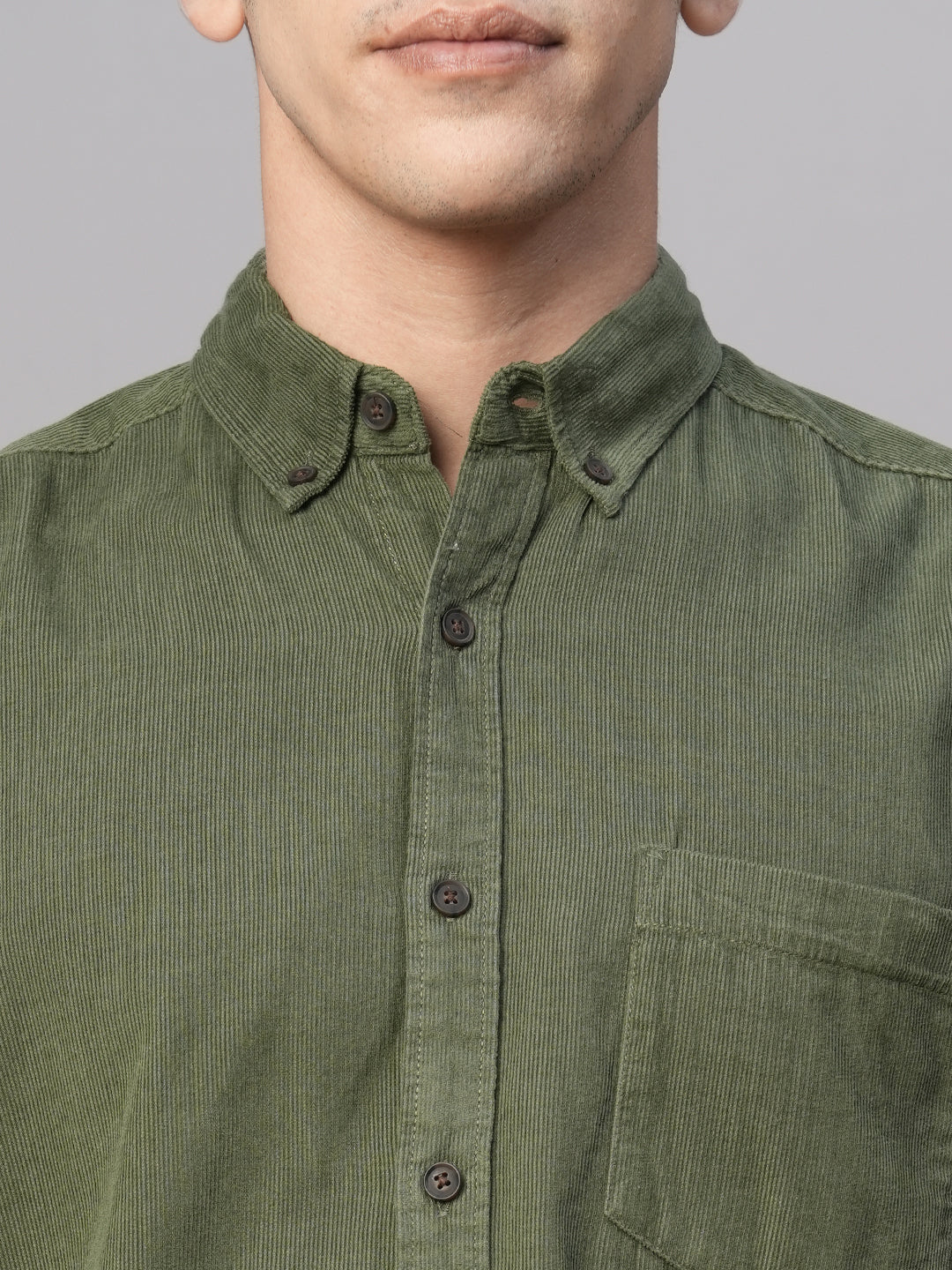 Men's Corduroy 100% Cotton Olive Regular Fit Long Sleeved Shirt