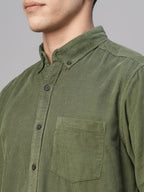 Men's Corduroy 100% Cotton Olive Regular Fit Long Sleeved Shirt