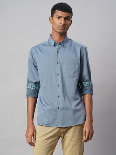Men’s Cotton Regular Fit Textured Button Shirt Blue