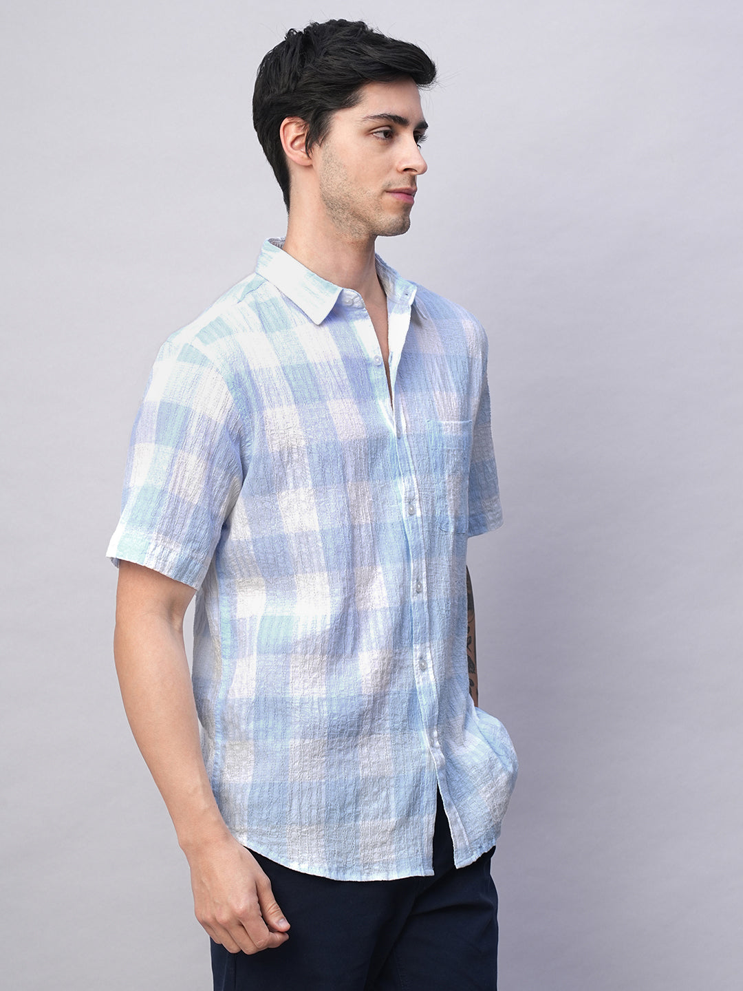 Men's Blue Cotton Lycra Regular Fit Shirt
