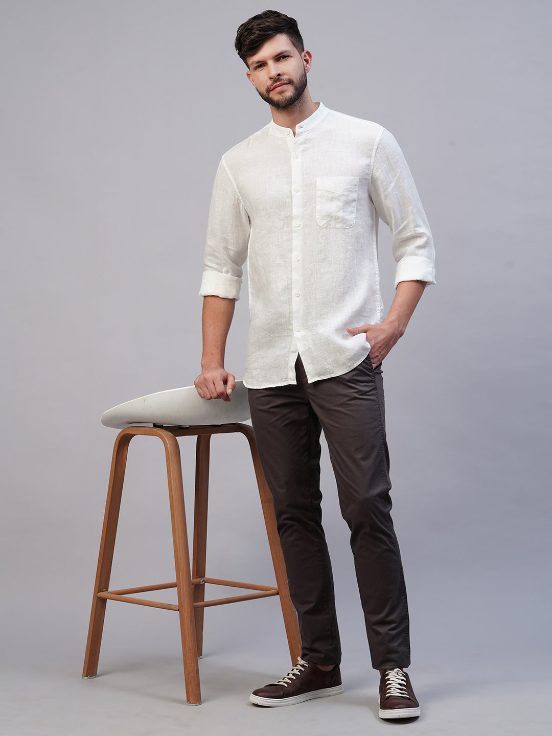 Men's White 100% Linen Regular Fit Shirt