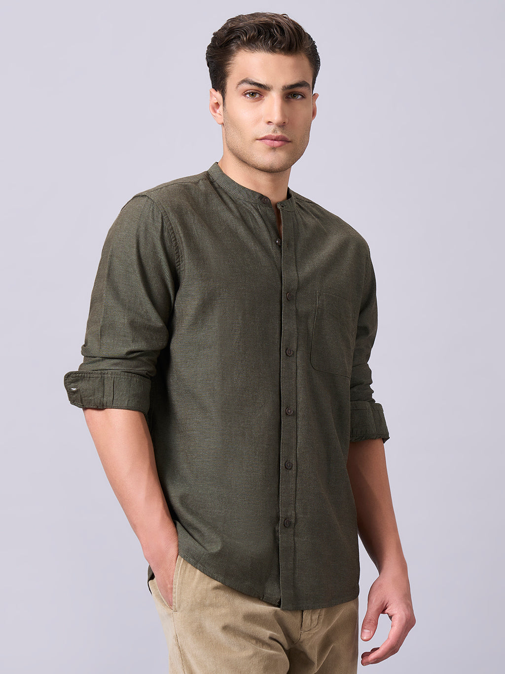 Men's Olive 100% Cotton Regular Fit Shirt