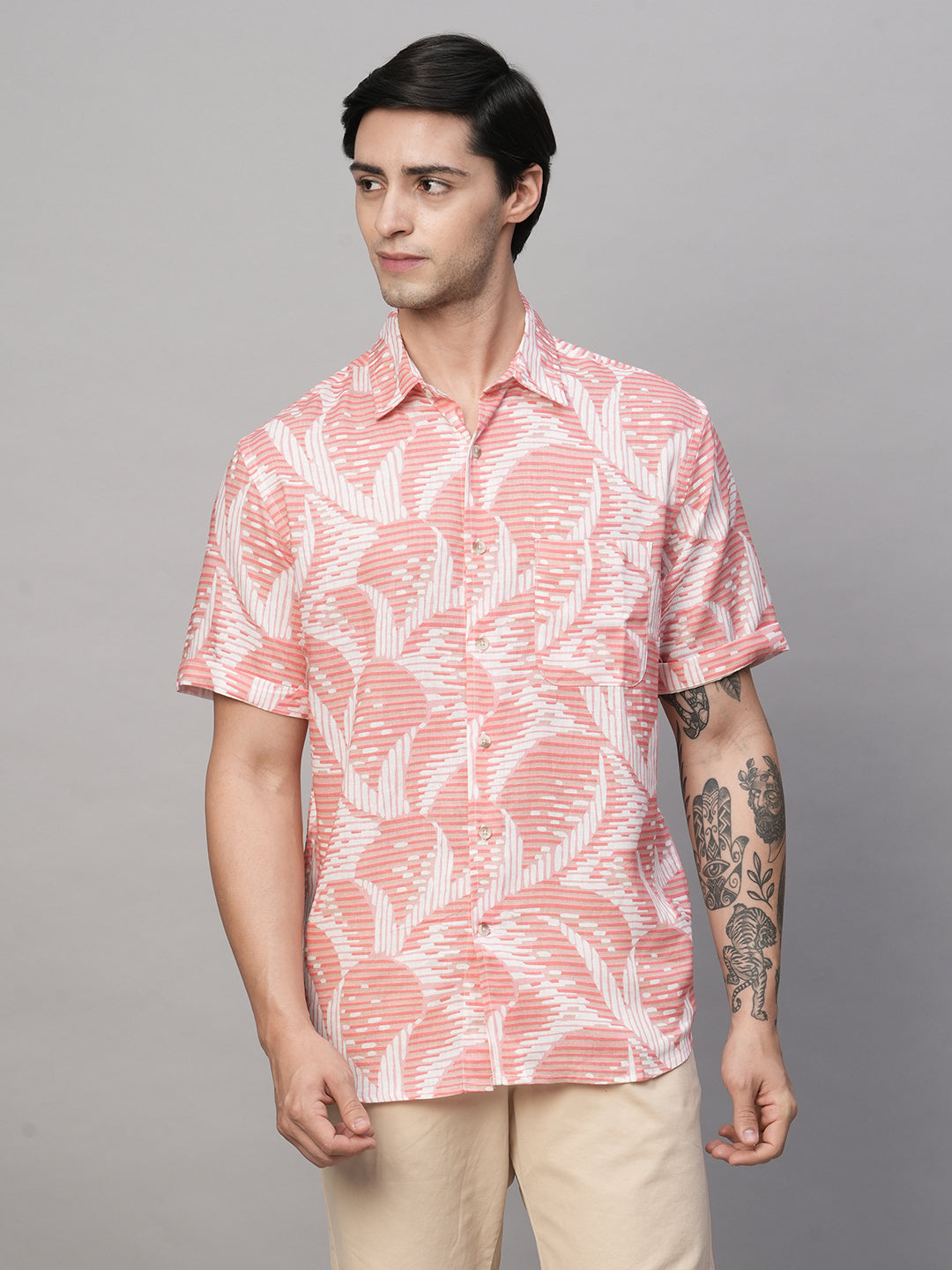 Men's Pink Lyocell Linen Regular Fit Printed Shirt