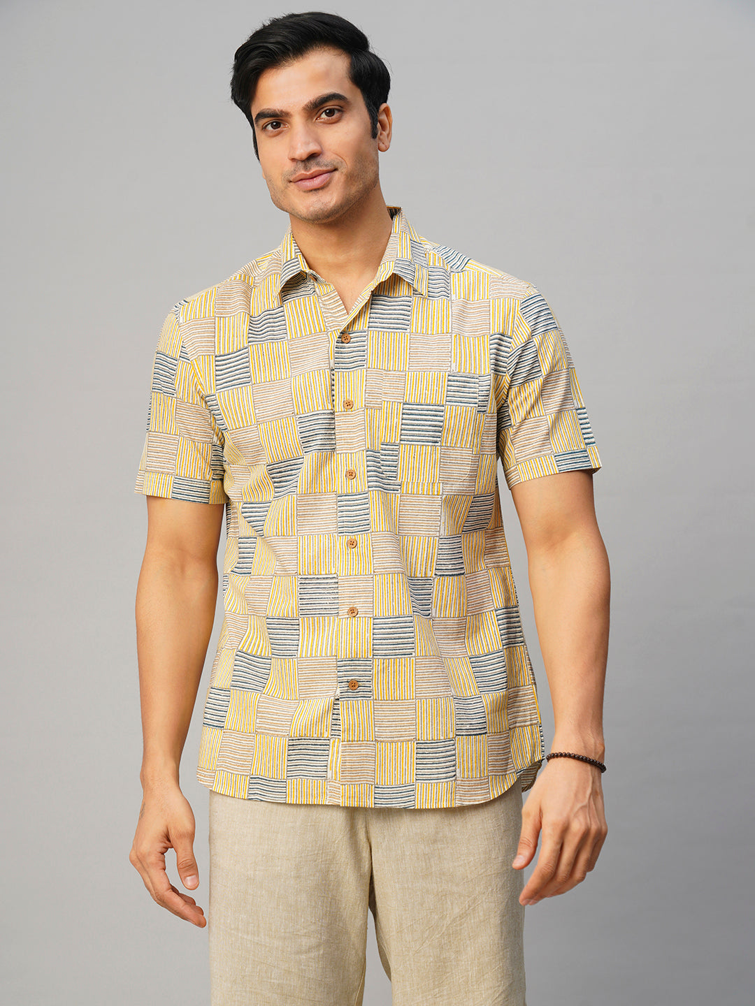 Men's Cotton Hand Block Printed Regular Fit Yellow Shirt