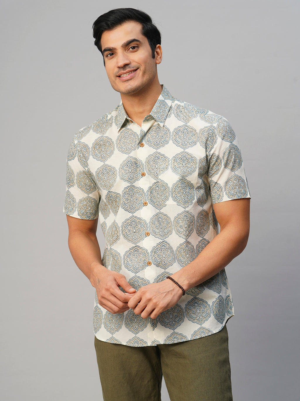 Men's Cotton Hand Block Printed Regular Fit Grey Shirt