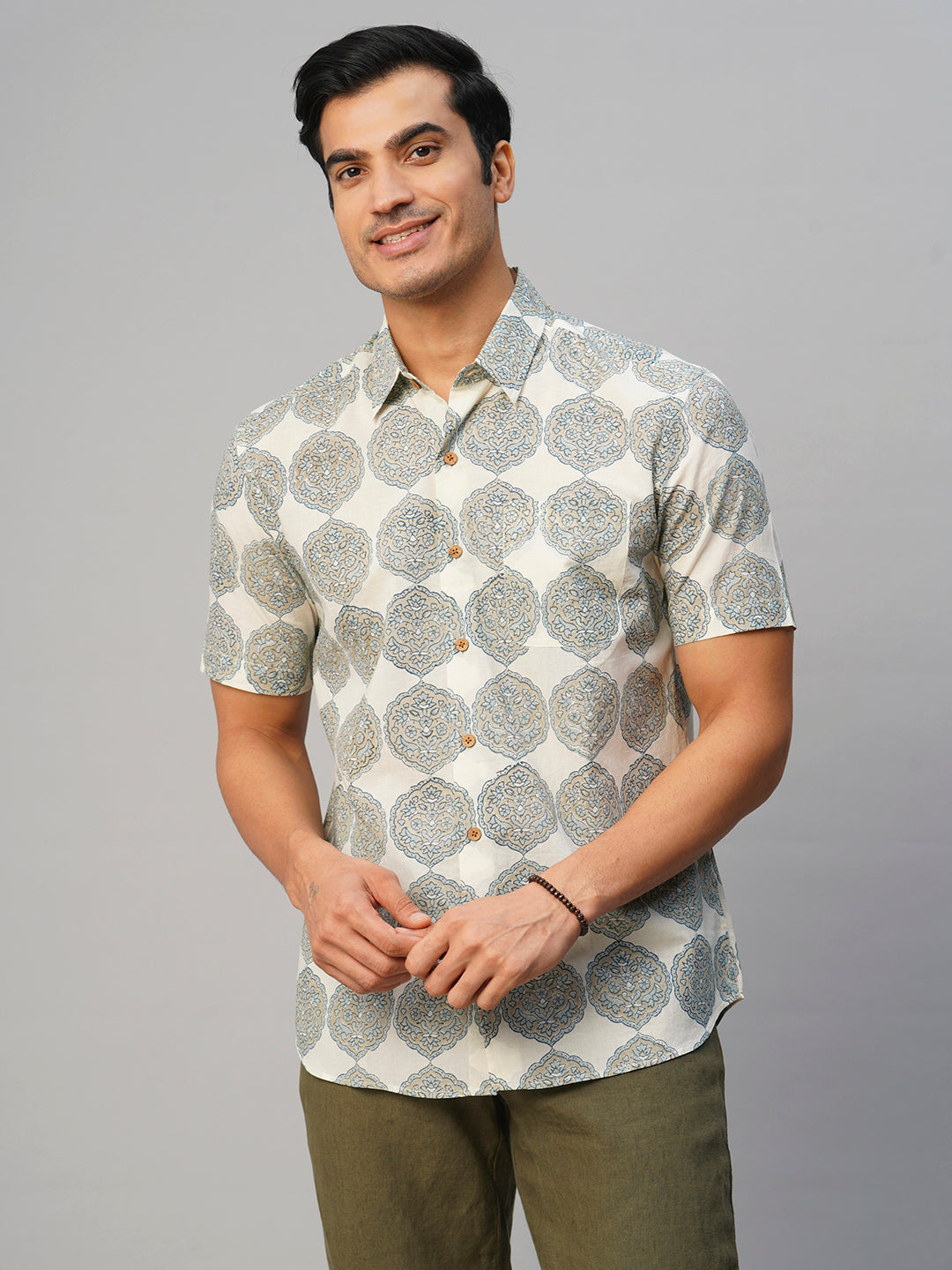 Men's Cotton Hand Block Printed Regular Fit Grey Shirt