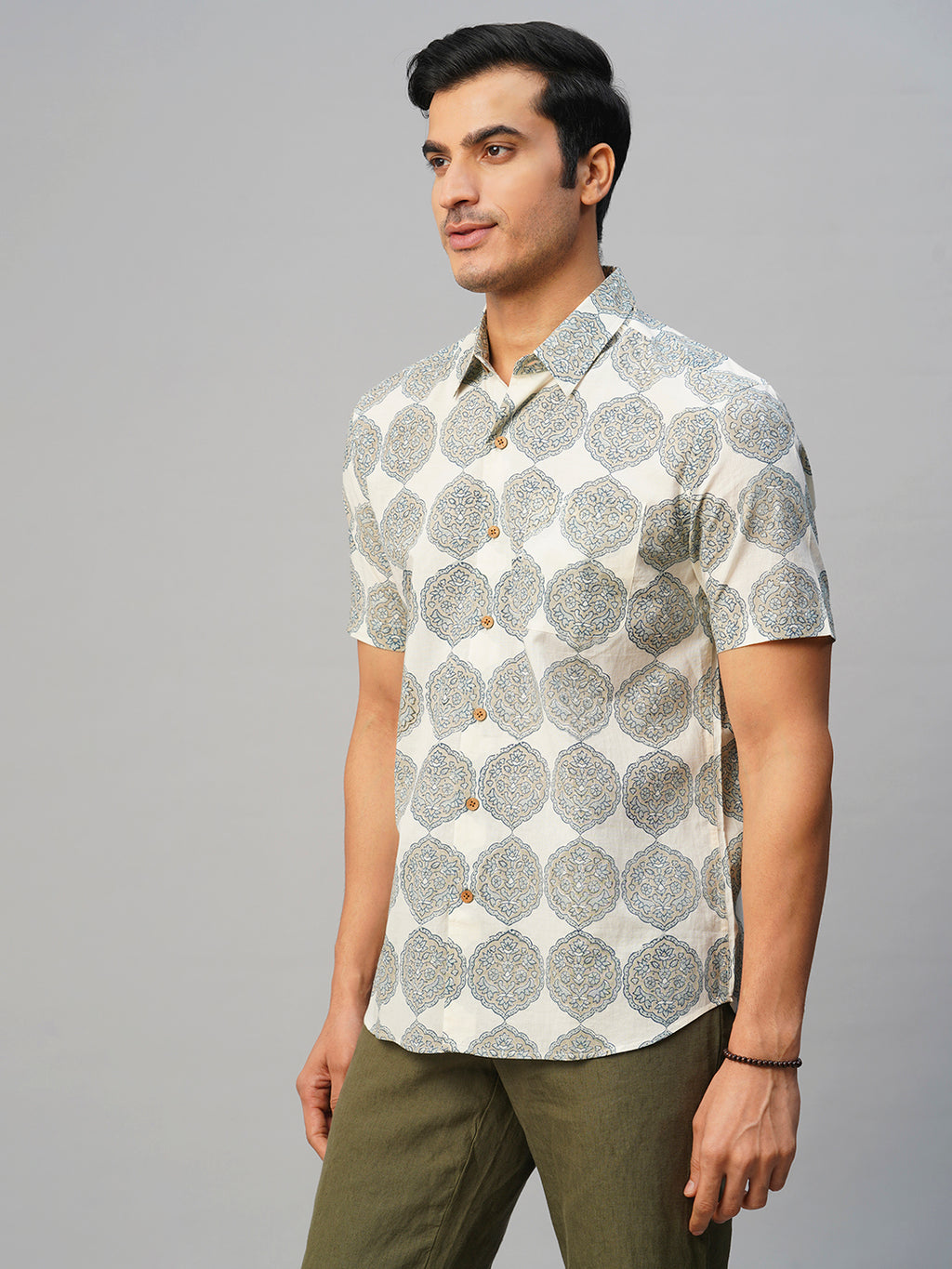 Men's Cotton Hand Block Printed Regular Fit Grey Shirt